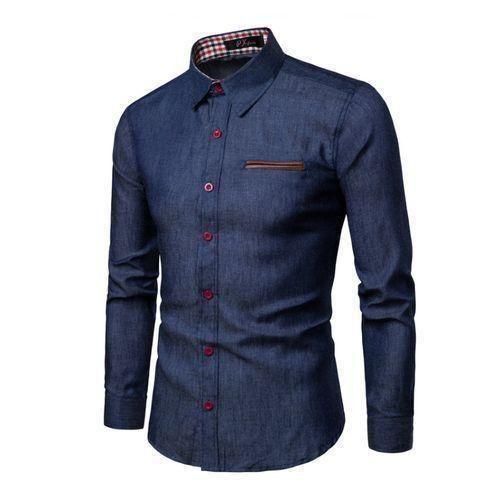 AIDAILU Men's Denim Shirt Long Sleeve Male Casual Button-Down Shirts - Dark Blue